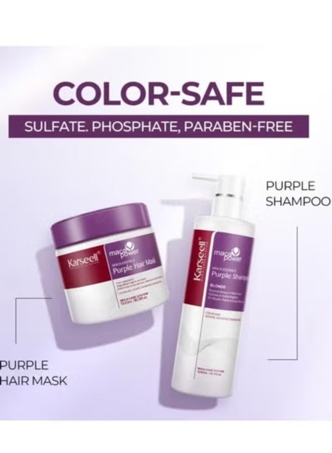 Karseell Maca Essence Purple Hair Mask Purple Shampoo Set, Neutralizes Yellow Shade, Repair Hair Damage for Blonde, Blonded, Grey Hair, 2 x 500ml - Image 2