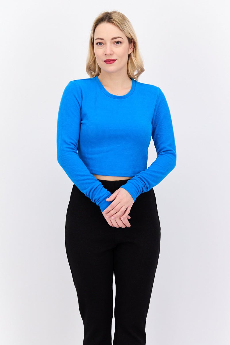 Reserved Women Crew Neck Long Sleeve Solid Blouse, Blue - Image 1