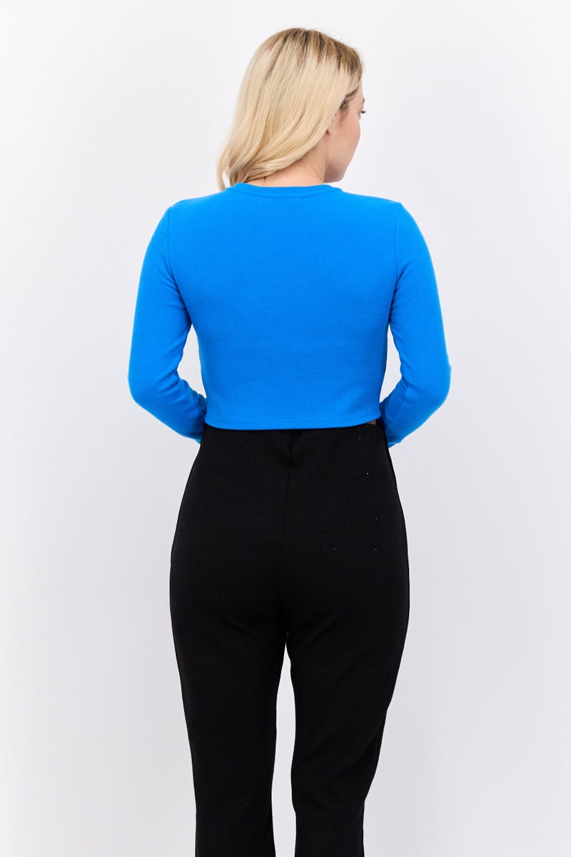 Reserved Women Crew Neck Long Sleeve Solid Blouse, Blue - Image 3