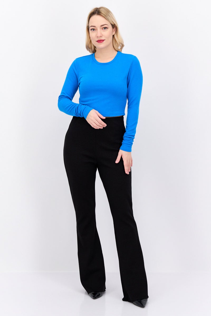 Reserved Women Crew Neck Long Sleeve Solid Blouse, Blue - Image 4