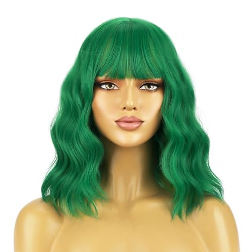 BERON 14 Inches Emerald Green Wig for Women Short Curly Green Wigs with Bangs for Daily Party Hairnet Include - Image 5