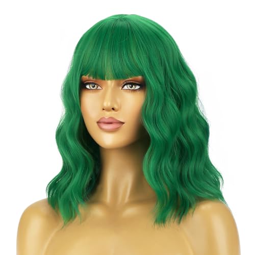BERON 14 Inches Emerald Green Wig for Women Short Curly Green Wigs with Bangs for Daily Party Hairnet Include - Image 2