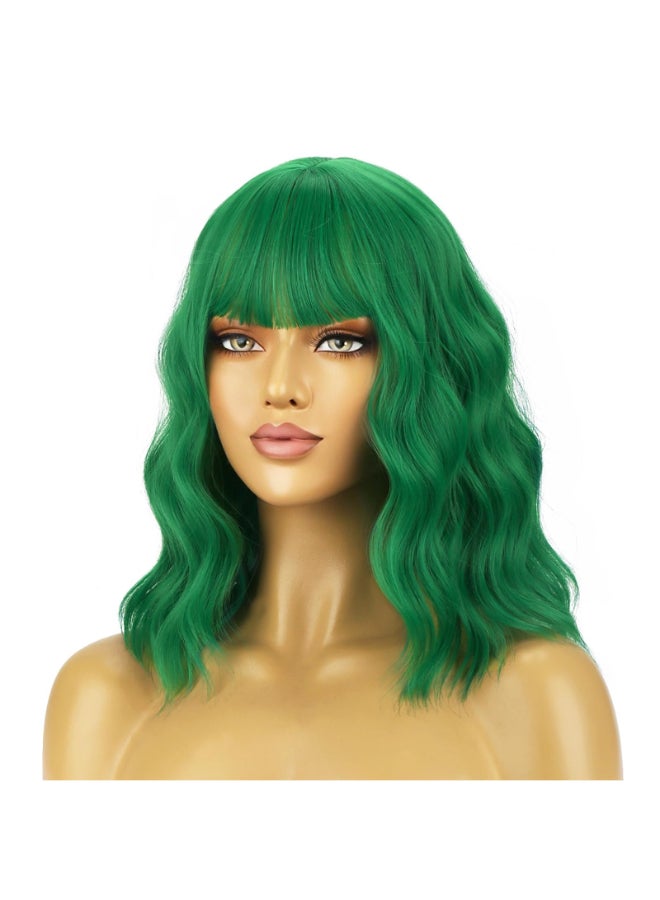 BERON 14 Inches Emerald Green Wig for Women Short Curly Green Wigs with Bangs for Daily Party Hairnet Include - Image 3