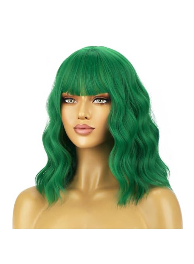 BERON 14 Inches Emerald Green Wig for Women Short Curly Green Wigs with Bangs for Daily Party Hairnet Include - Image 1