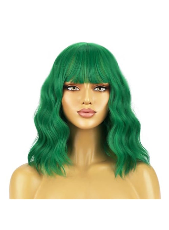 BERON 14 Inches Emerald Green Wig for Women Short Curly Green Wigs with Bangs for Daily Party Hairnet Include - Image 4