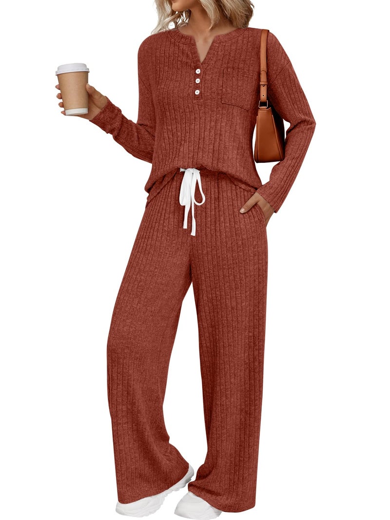 LILLUSORY Womens 2 Piece Lounge Sets Matching Airport Travel Outfits 2026 Spring Clothing Fall Pajamas Sweat Suits Pockets Caramel M - Image 1