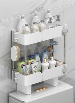 Over The Toilet Storage Shelf, 2 Tier Waterproof Dustproof Bathroom Organizer Shelf Over Toilet, Toilet Space Saver Shelf with Hooks & Suction Cup Base, Wall Mounting Design Storage Rack, No Drilling Space Saving Bathroom Over Toilet Rack