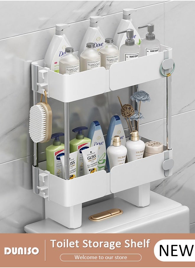 DUNISO Over The Toilet Storage Shelf, 2 Tier Waterproof Dustproof Bathroom Organizer Shelf Over Toilet, Toilet Space Saver Shelf with Hooks & Suction Cup Base, Wall Mounting Design Storage Rack, No Drilling Space Saving Bathroom Over Toilet Rack  - Image 1