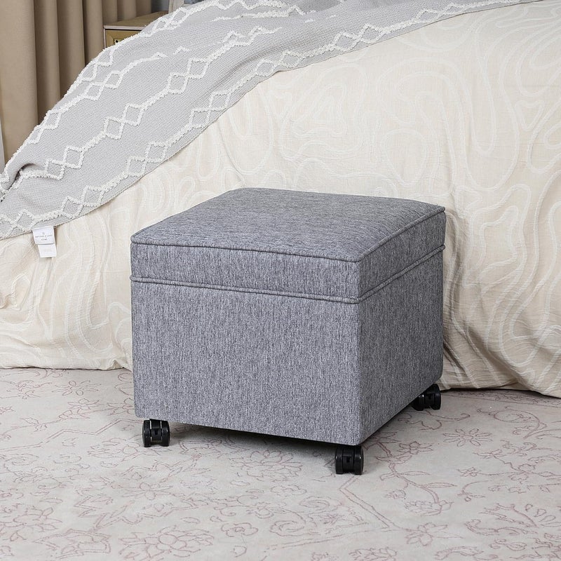 Adeco 17.5" Grey Square Storage Ottoman with Wheels, Modern Cotton Linen Foot Stool with Rollers - Movable & Convenient & Practical, Small Footstool for Living Room, Bedroom - Image 1
