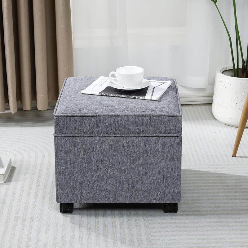 Adeco 17.5" Grey Square Storage Ottoman with Wheels, Modern Cotton Linen Foot Stool with Rollers - Movable & Convenient & Practical, Small Footstool for Living Room, Bedroom - Image 3