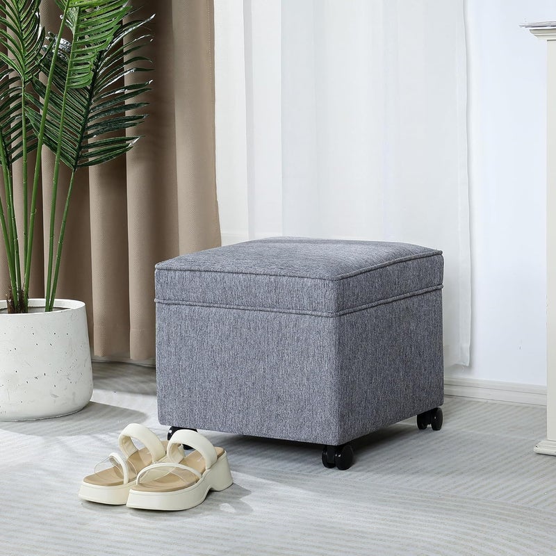 Adeco 17.5" Grey Square Storage Ottoman with Wheels, Modern Cotton Linen Foot Stool with Rollers - Movable & Convenient & Practical, Small Footstool for Living Room, Bedroom - Image 5