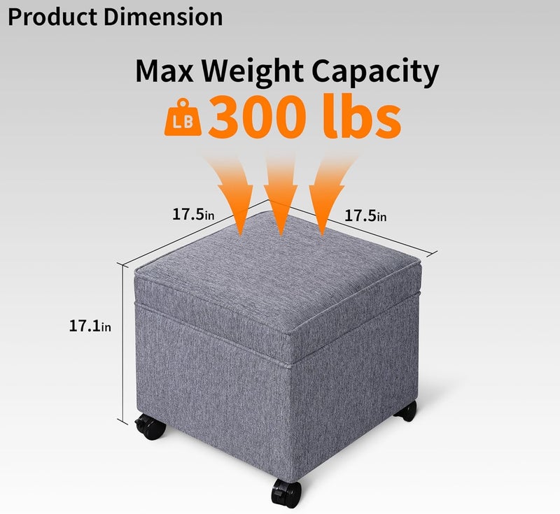 Adeco 17.5" Grey Square Storage Ottoman with Wheels, Modern Cotton Linen Foot Stool with Rollers - Movable & Convenient & Practical, Small Footstool for Living Room, Bedroom - Image 2