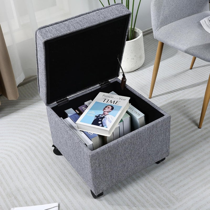 Adeco 17.5" Grey Square Storage Ottoman with Wheels, Modern Cotton Linen Foot Stool with Rollers - Movable & Convenient & Practical, Small Footstool for Living Room, Bedroom - Image 4