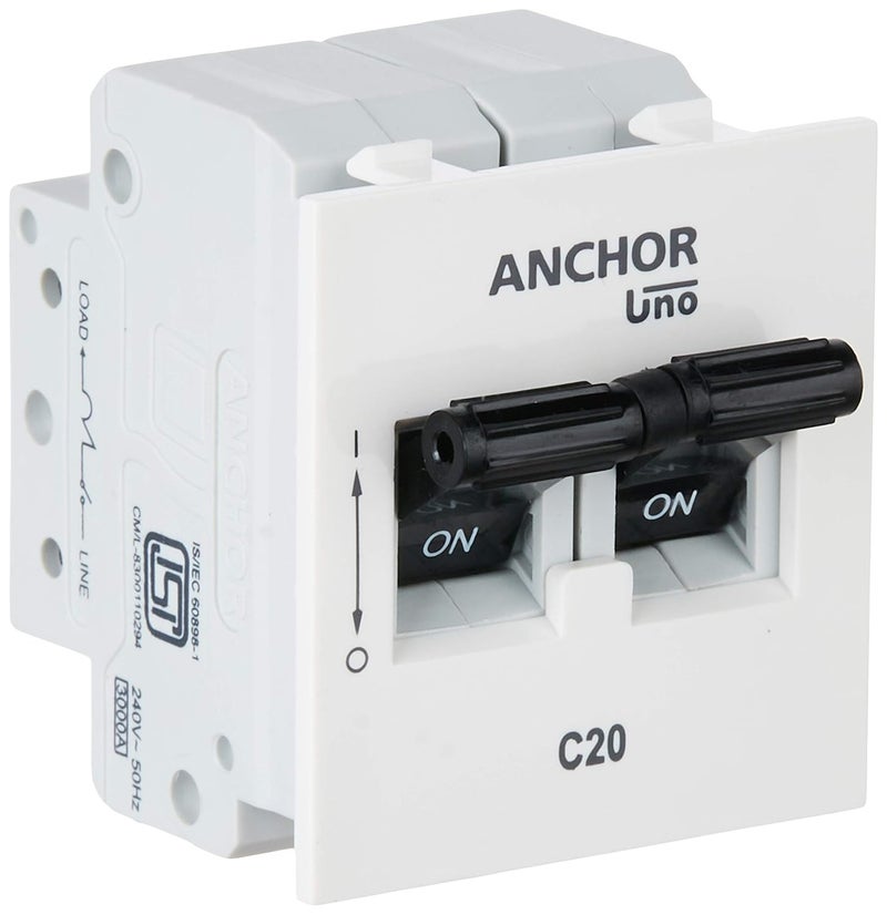 Anchor Anchor by Panasonic UNO Mini Modular 20 Amp Double Pole C Curve MCB ISI Marked Double Pole 20A Miniature Circuit Breaker 980782  - Image 1