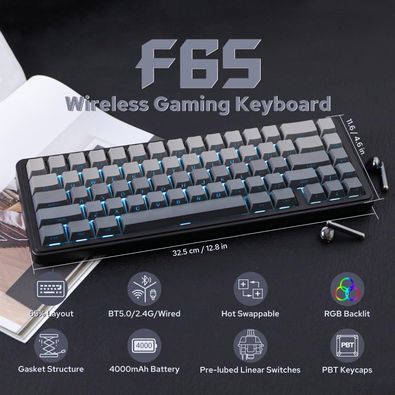 EPOMAKER x Aula F65 65% Wireless Mechanical Keyboard, Hot Swappable Gasket Custom Gaming Keyboard with Five-Layer Padding, RGB Backlit, Bluetooth/2.4GHz/USB-C (Black, Reaper Switch) - Image 2