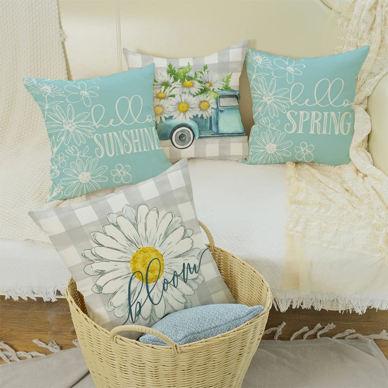 GEEORY Pillow Covers 18x18 Set of 4 Buffalo Plaid Daisy Truck Bloom Hello Sunshine Spring Pillows Decorative Throw Pillows Light Blue Pillowcase Spring Decorations Farmhouse Decor for Couch Sofa - Image 5