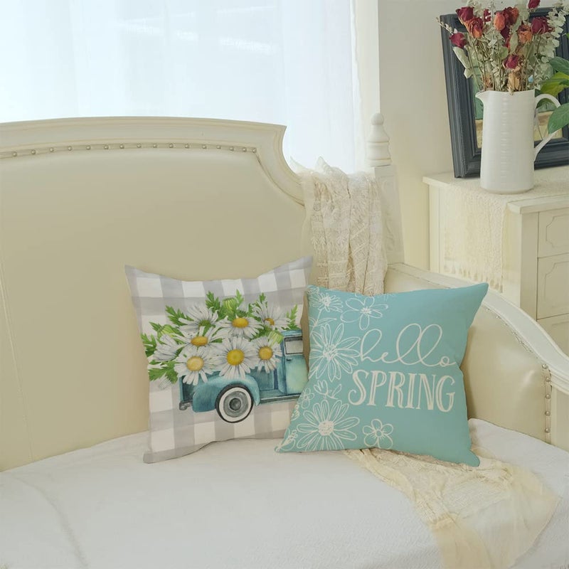 GEEORY Pillow Covers 18x18 Set of 4 Buffalo Plaid Daisy Truck Bloom Hello Sunshine Spring Pillows Decorative Throw Pillows Light Blue Pillowcase Spring Decorations Farmhouse Decor for Couch Sofa - Image 4