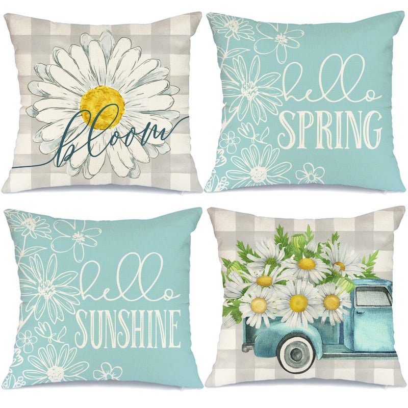 GEEORY Pillow Covers 18x18 Set of 4 Buffalo Plaid Daisy Truck Bloom Hello Sunshine Spring Pillows Decorative Throw Pillows Light Blue Pillowcase Spring Decorations Farmhouse Decor for Couch Sofa - Image 1
