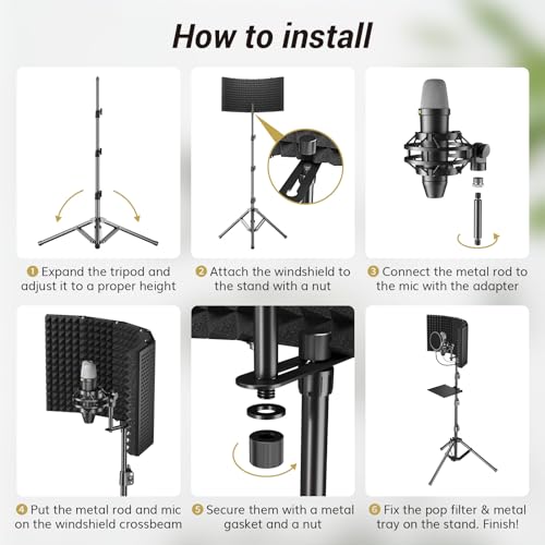 TONOR Isolation Shield Pack for Mic, Acoustic Foam Shield with Pop Filter & Tripod Stand, Foldable Design, Compatible with Blue Yeti, AT2020, Recording, Podcasts, Singing, Max 70 inch, Stand Included - Image 5