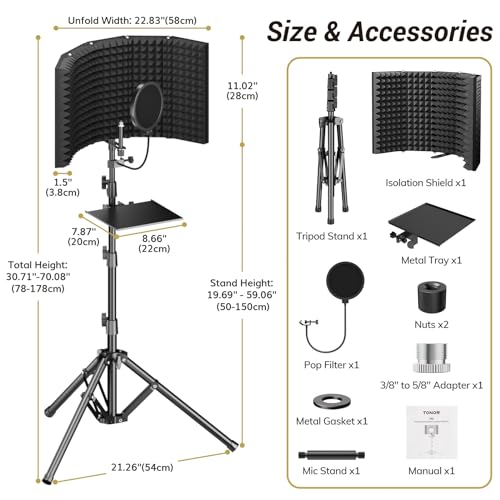 TONOR Isolation Shield Pack for Mic, Acoustic Foam Shield with Pop Filter & Tripod Stand, Foldable Design, Compatible with Blue Yeti, AT2020, Recording, Podcasts, Singing, Max 70 inch, Stand Included - Image 4