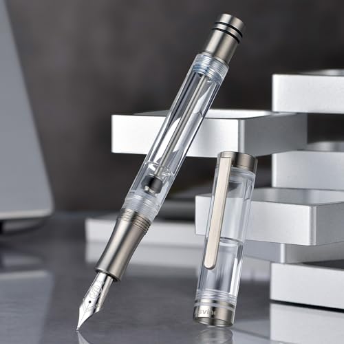 Asvine V200 Titanium Fountain Pen Vacuum Filling, Bock Broad Nib Clear Transparent Acrylic Smooth Writing Pen Case Set - Image 5