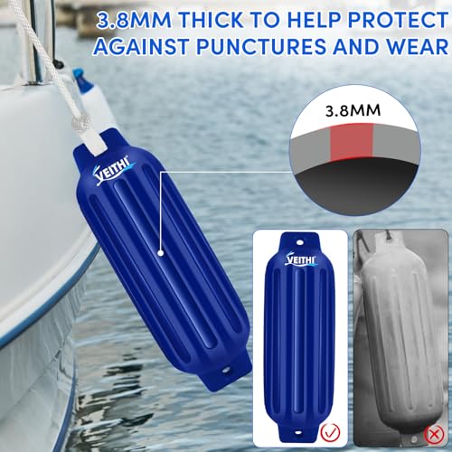 VEITHI Large Boat Fenders 4 Pack 8.5 x 27,Ribbed Twin Eyes Vinyl Boat Bumpers Fenders,Boat Bumpers for Docking Come with Ropes Needles and Pump to Inflate,Pontoon Boat Fenders for Docking - Navy Blue - Image 5