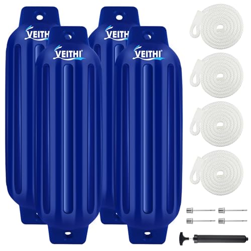 VEITHI Large Boat Fenders 4 Pack 8.5 x 27,Ribbed Twin Eyes Vinyl Boat Bumpers Fenders,Boat Bumpers for Docking Come with Ropes Needles and Pump to Inflate,Pontoon Boat Fenders for Docking - Navy Blue - Image 1