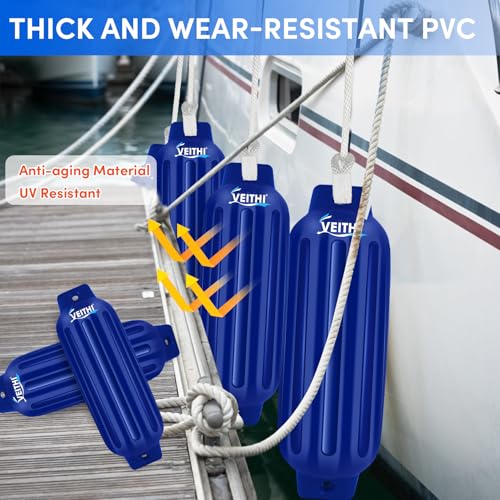 VEITHI Large Boat Fenders 4 Pack 8.5 x 27,Ribbed Twin Eyes Vinyl Boat Bumpers Fenders,Boat Bumpers for Docking Come with Ropes Needles and Pump to Inflate,Pontoon Boat Fenders for Docking - Navy Blue - Image 2