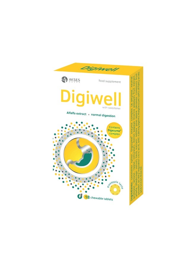 Digiwell / Digiwell is a Swiss-made chewable tablet designed to improve digestion and reduce bloating, diarrhea, and constipation. Made with Digezyme® patented enzymes, pineapple, melon papaya, and alfalfa extracts, it supports natural digestive health and detoxification. Suitable for diabetics and vegans, with a delicious pineapple flavor. - Image 1
