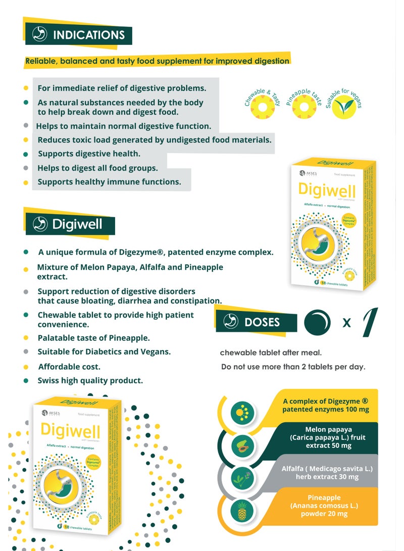 Digiwell / Digiwell is a Swiss-made chewable tablet designed to improve digestion and reduce bloating, diarrhea, and constipation. Made with Digezyme® patented enzymes, pineapple, melon papaya, and alfalfa extracts, it supports natural digestive health and detoxification. Suitable for diabetics and vegans, with a delicious pineapple flavor. - Image 5