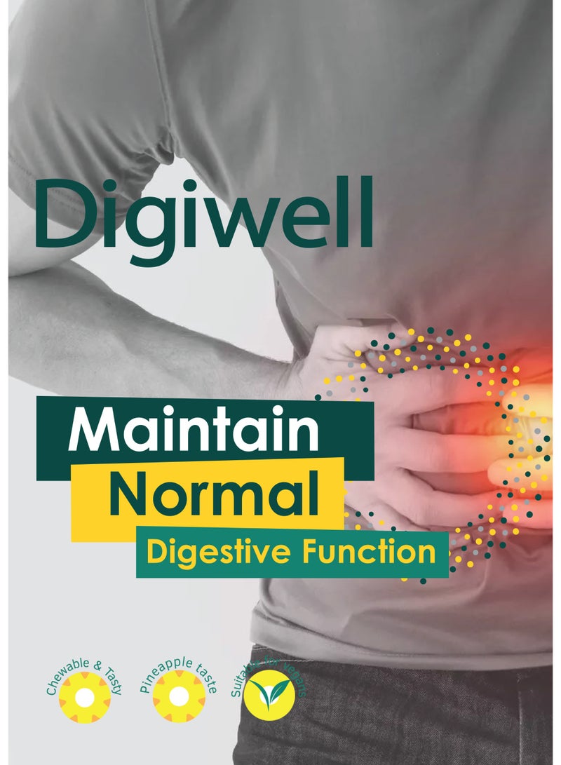 Digiwell / Digiwell is a Swiss-made chewable tablet designed to improve digestion and reduce bloating, diarrhea, and constipation. Made with Digezyme® patented enzymes, pineapple, melon papaya, and alfalfa extracts, it supports natural digestive health and detoxification. Suitable for diabetics and vegans, with a delicious pineapple flavor. - Image 2
