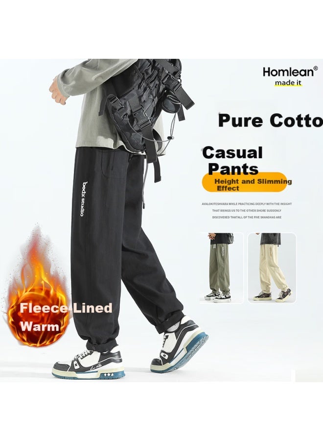 Homlean Men's Pure Cotton Casual Pants Spring Embroidered Fleece Lined Sports Pants Loose Fit Cargo Joggers Hs65jr Black 2XL - Image 1
