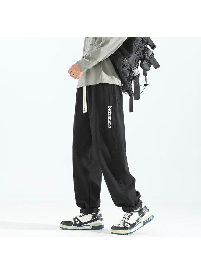 Homlean Men's Pure Cotton Casual Pants Spring Embroidered Fleece Lined Sports Pants Loose Fit Cargo Joggers Hs65jr Black 2XL - Image 5