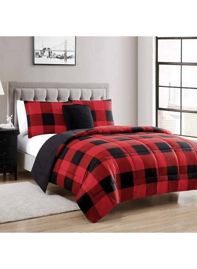 Sweet Home Collection Sweet Home Collection 4 Piece Buffalo Check Plaid Design Reversible to Solid Color with 2 Shams & Throw Pillow, Full/Queen, Burgundy  - Image 1
