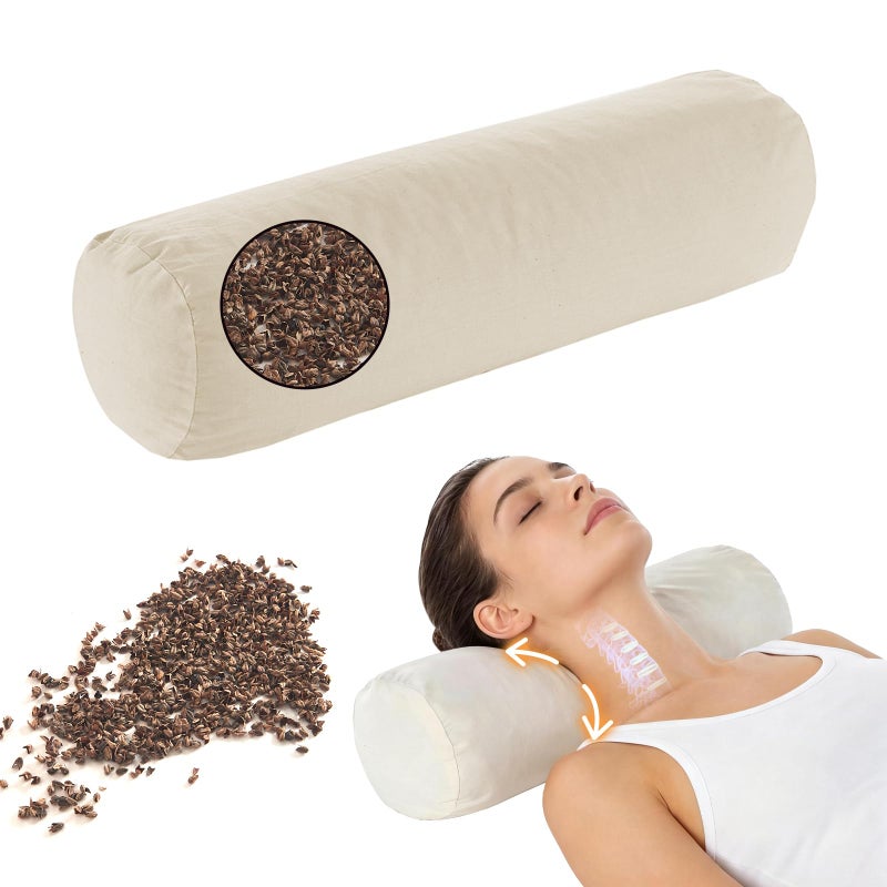 LOFE Buckwheat Pillow - Adjustable Buckwheat neck Pillow(17x6) to Provide Firm Support, Neck Roll Pillows for Side and Back Sleepers, Cylinder Bolster Pillows with Organic Pillowcase - Image 1