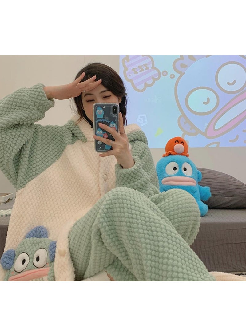 KUYING Plush Robe Thickened Long Sleeve Pants Casual Comfortable Home Suit Set - Image 1