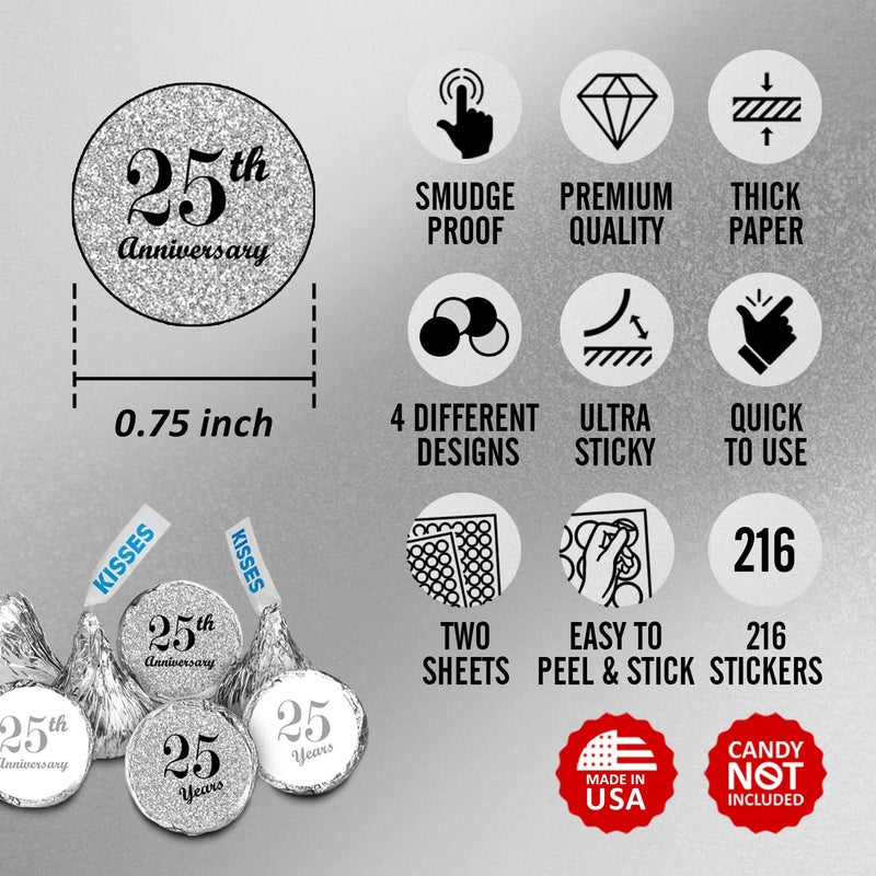Creativity Labels 25th Anniversary Kisses Stickers, (Set of 216) Chocolate Drops Labels Stickers for 25th Wedding Anniversary, Party Favors Decor for Kisses. Made in USA - Image 2