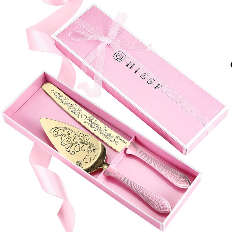 HISSF Wedding Cake Knife and Server Set Stainless Steel Hollow handleGold and Pink Cake Cutting Set Sweet Love Cake Serving Set Perfect For Wedding Birthday Parties and Events