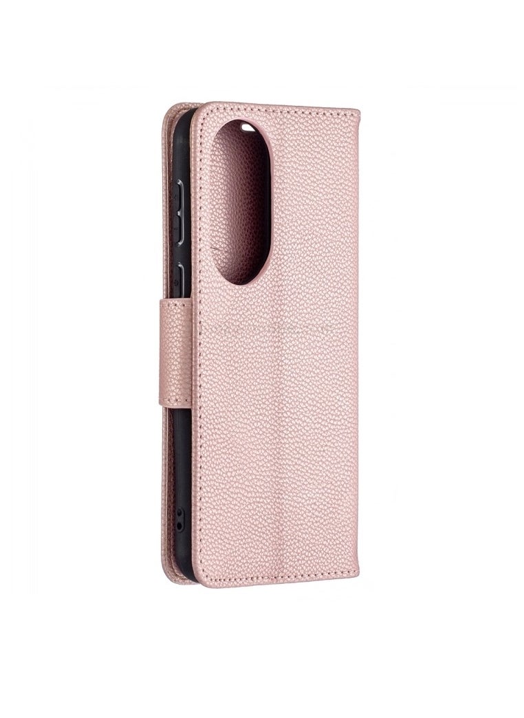 Generic Case For Huawei P50 Litchi Texture Pure Color Horizontal Flip Leather with Holder and Card Slots and Wallet and Lanyard Rose Gold  - Image 2