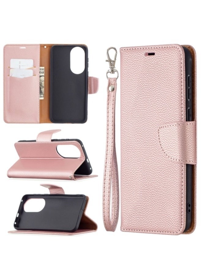 Generic Case For Huawei P50 Litchi Texture Pure Color Horizontal Flip Leather with Holder and Card Slots and Wallet and Lanyard Rose Gold  - Image 1