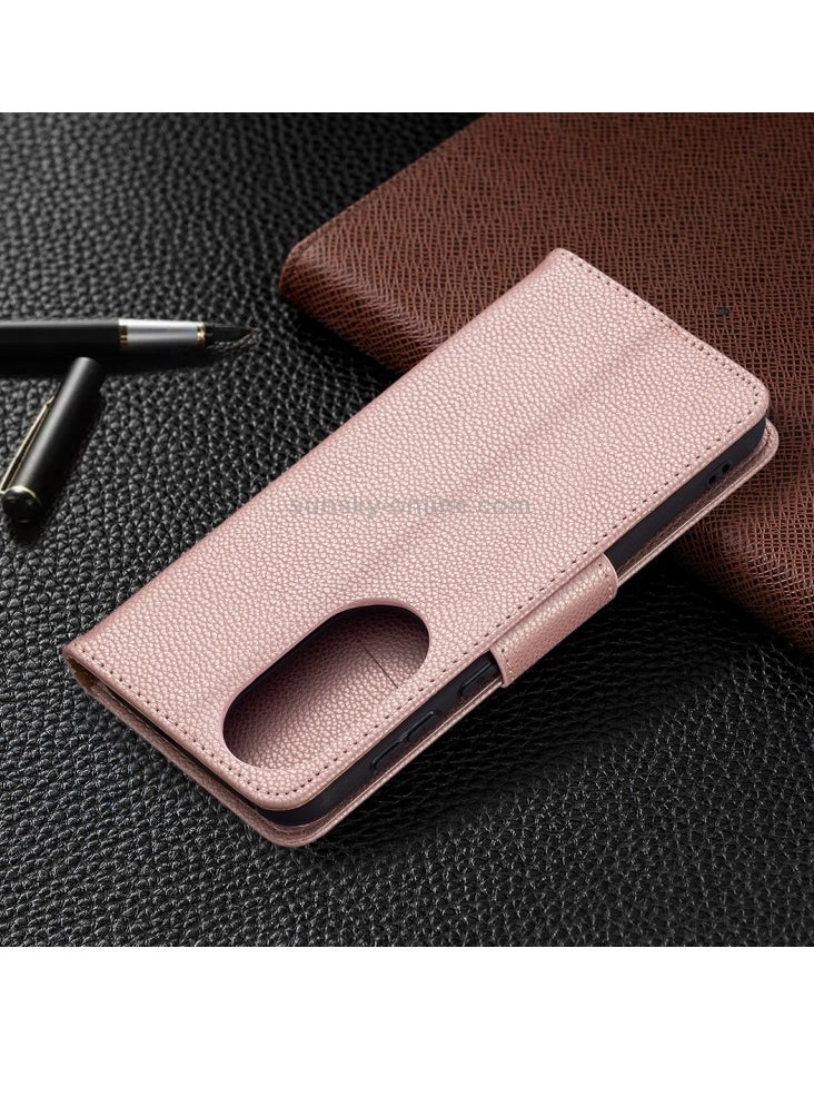 Generic Case For Huawei P50 Litchi Texture Pure Color Horizontal Flip Leather with Holder and Card Slots and Wallet and Lanyard Rose Gold  - Image 4
