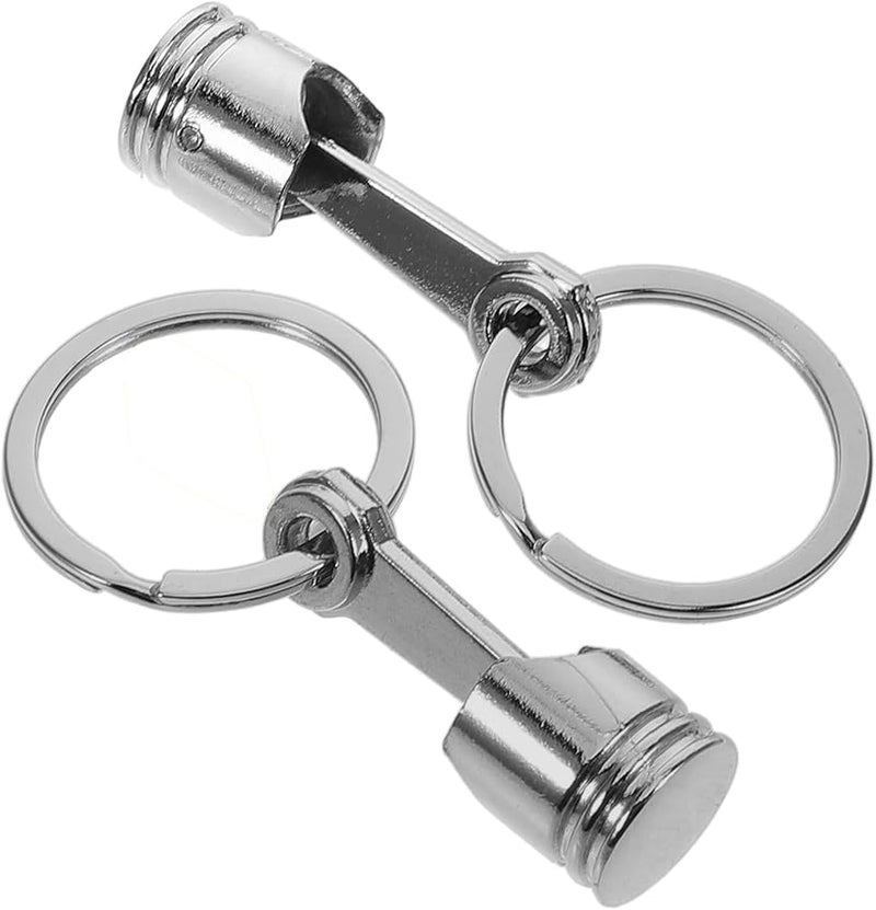Heavy Duty Metal Engine Piston Keychain Silver Car Parts Key Ring 2 Pieces Set - Image 1
