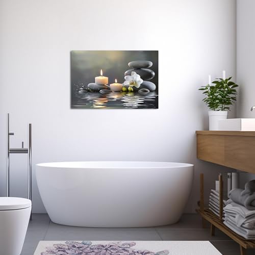 PBXBJY Bathroom Wall Art Orchid Flower with Black Zen Stone Pictures SPA Candle Picture Prints Still Life Canvas Painting for Meditation Spiritual Room Decor (White, (16.00" x 24.00")) - Image 3