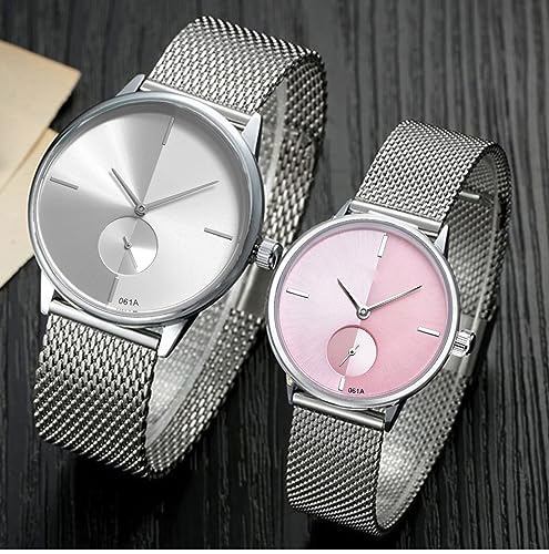 SENRUD Ultra Thin Simple Couples Watches His and Hers Stainless Steel Mesh Strap Pair Watch Gifts Set Men and Women Quartz Watches (White Pink) - Image 3