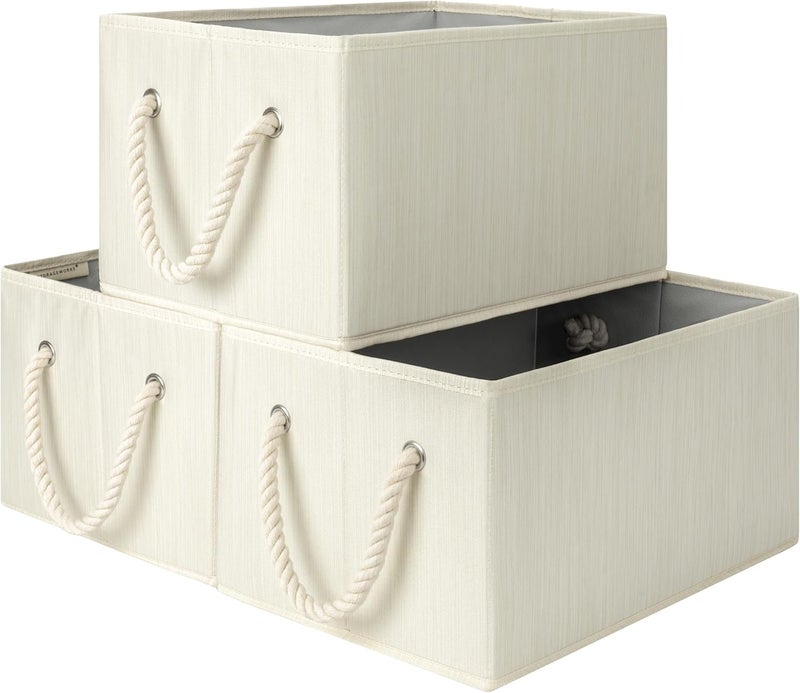 StorageWorks Storage Baskets for Shelves, Foldable Fabric Closet Storage Bins with Handles, Fabric Storage Bins Clothes Organizer, Beige, White & Ivory, 3-Pack, Large - Image 1