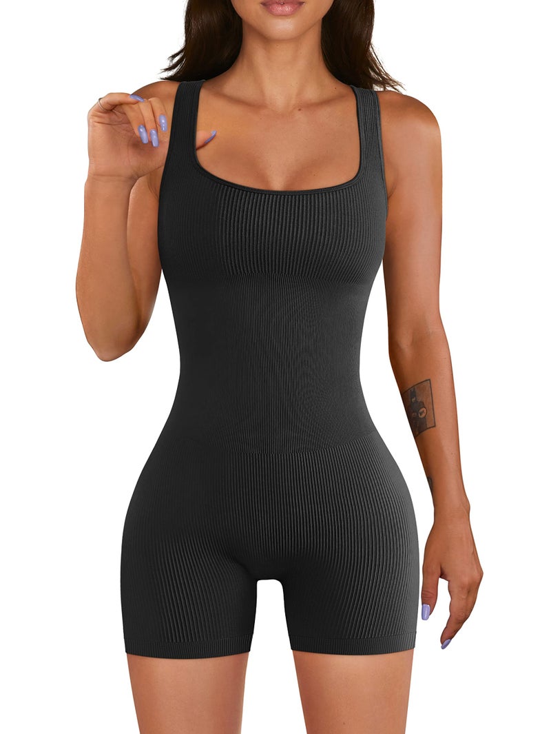 YIOIOIO Women Yoga Romper Workout Ribbed Square Neck One Piece Seamless Tank Top Jumpsuit - Image 1