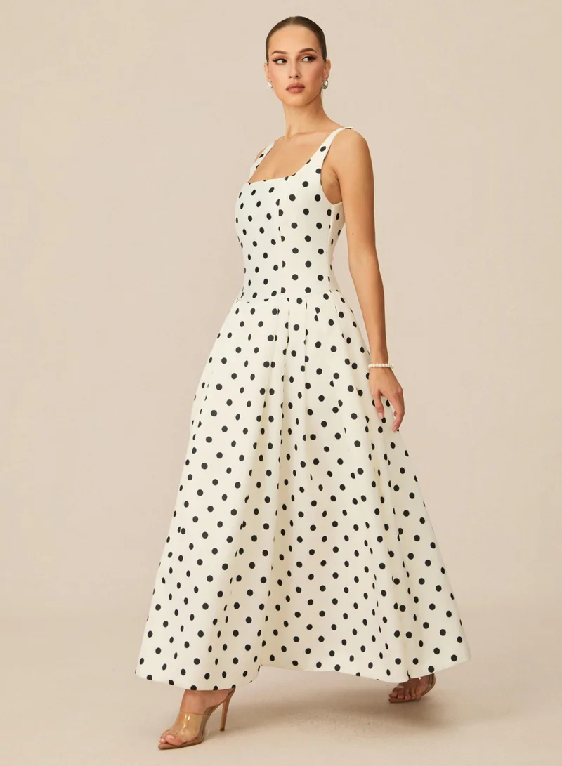 Sunfere  Marvelously Adorable White Polka Dots Maxi Dress for Women | Best Price UAE