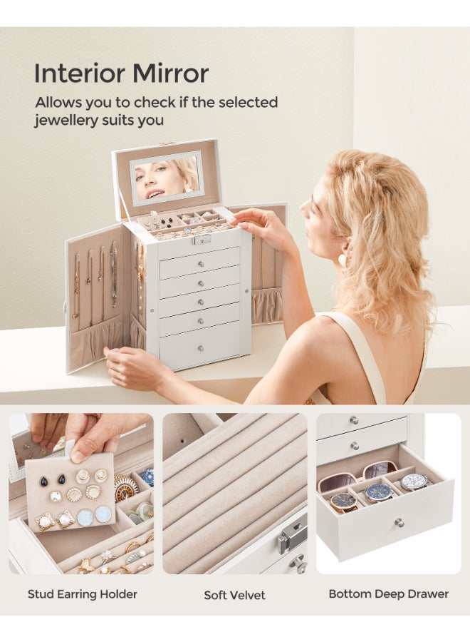 SONGMICS Jewellery Box 6 Tiers, Jewellery Case with 5 Drawers, Large Storage Capacity, with Mirror, Lockable, Jewellery Storage Organiser, Gift for Loved Ones, for Watches, Cloud White - Image 4