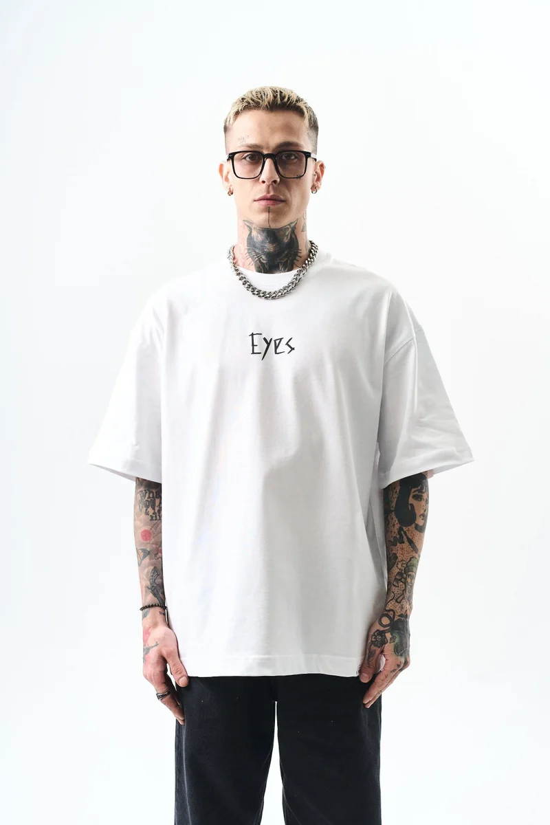 ريسباير تي شيرت رجالي مقاس كبير (Oversize) بطبعة "Eyes"، أبيض