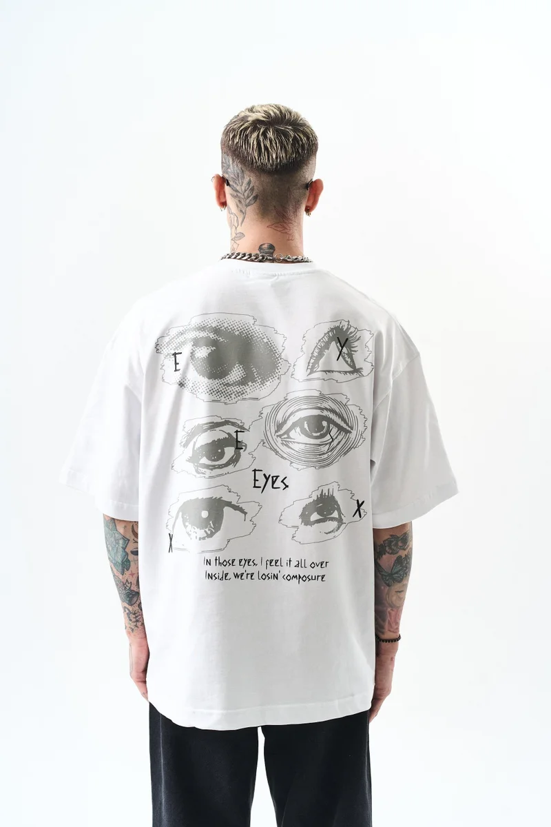 ريسباير تي شيرت رجالي مقاس كبير (Oversize) بطبعة "Eyes"، أبيض